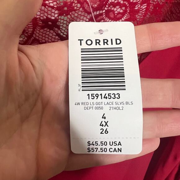 TORRID PLUS 4X 26 Georgette V Neck Lace Sleeve Blouse Top Jester Red NWT Flawed - Picture 10 of 15
